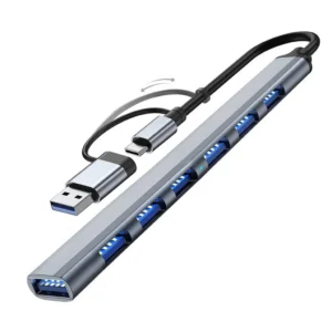 USB/USB-C hub with 1 USB3.0 + 6 USB2.0 silver